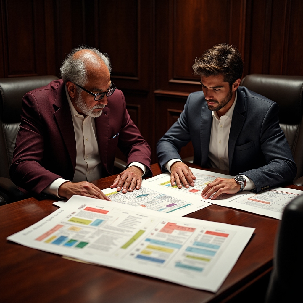Content architecture specialist, male, early fifties, in discussion with a colleague over printed site structure diagrams on a conference table